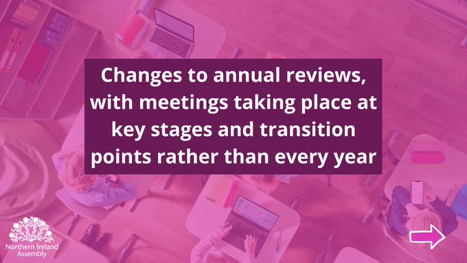 Purple coloured graphic with the text 'changes to annual reviews, with meetings taking place at key stages and transition points rather than every year