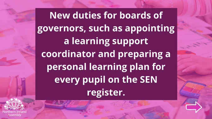 Purple coloured graphic with the text 'new duties for boards of governors, such as appointing a learning support coordinator and preparing a personal learning plan for every pupil on the SEN register'.