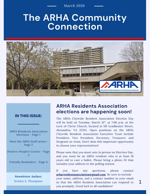 Cover page of the March 2026 edition of The ARHA Community Connection, the resident newsletter.