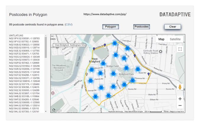 Screenshot of Datadaptive's Postcodes in Polygon tool