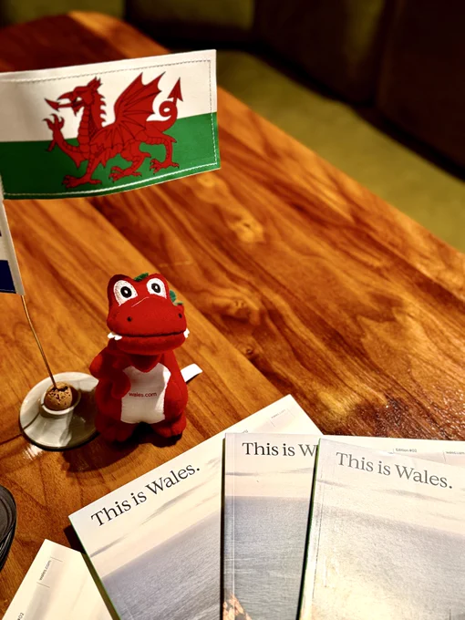 A Welsh flag with a red Welsh dragon soft toy beside it, accompanied by printed leaflets on a table which say ‘This is Wales’