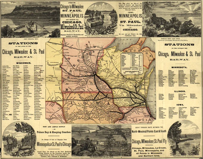 Map of railway lines across upper Midwest, surrounded by illustrations of natural landmarks and lists of railroad stations along several routes.