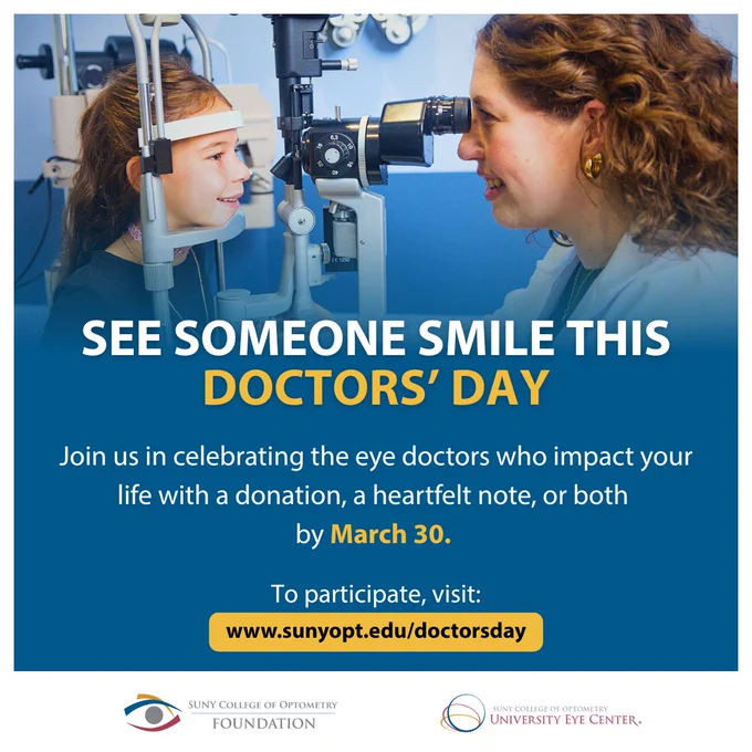 Optometrist smiling, examining adolescent patient. Text reads "See Someone Smile This Doctor's Day, Join us in celebrating the eye doctors who impact your life with a donation, a heartfelt note, or both by March 30"