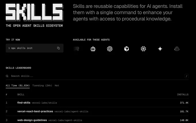 Pantalla oscura y muy seria de la web "SKILLS - The Open Agent Skills Ecosystem" de Vercel Labs, con un gran título estilo retro, un comando npx skills init para empezar, iconos de agentes compatibles y un ranking de skills donde lideran cosas como find-skills y vercel-react-best-practices, todo con estética hacker elegante de noche larga programando.