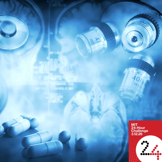 A blue-hued collage blends images of pills, a microscope, a stethoscope and brain MRI images.