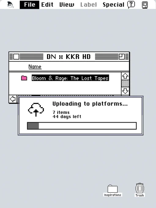 Picture in the style of the style of the 1995 Apple UI with a folder named “Bloom & Rage: The Lost Tapes” uploading to streaming platforms, with the loading bar indicating “7 items” and “45 days left”.