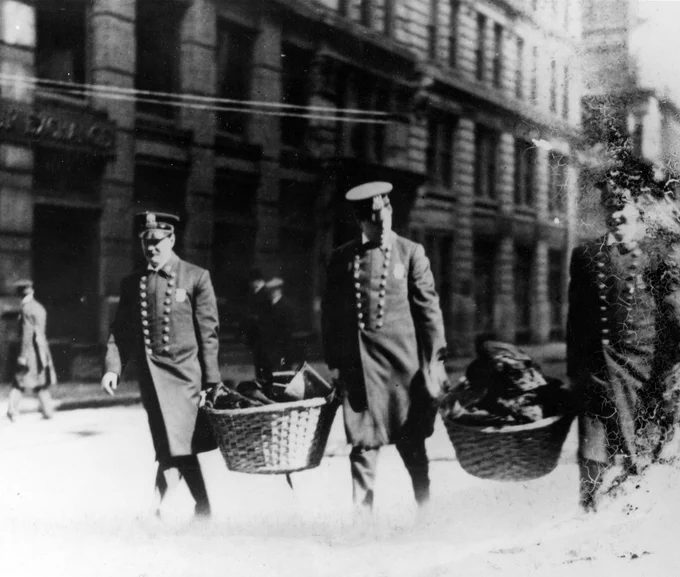 Fire fighters and police officers collected jewelry, handbags, money, pay envelopes and other personal objects from victims at the Asch Building and carried them to the 26th Street pier morgue where they were used to help identify the dead.