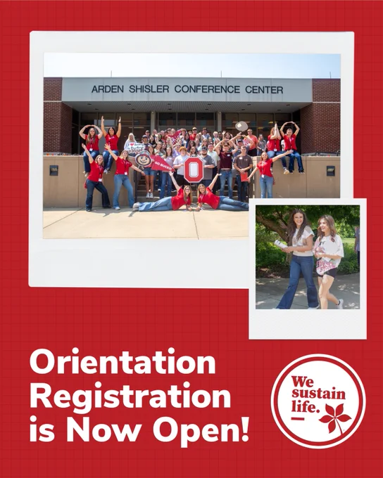 A group of people are posing energetically in front of the Arden Shisler Conference Center. An inset shows two individuals walking together outdoors. The text reads, "Orientation Registration is Now Open!" and includes a logo with the phrase "We sustain life."
