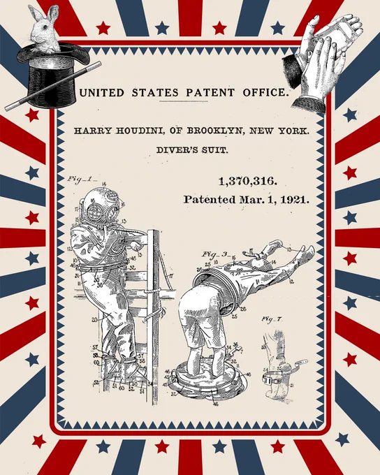 The image is a vintage-style poster featuring a patent from the United States Patent Office for a diver's suit by Harry Houdini, dated March 1, 1921, with patent number 1,370,316. The background features a red, white, and blue starburst design with illustrations of the diver's suit and decorative elements like a magician's hat with a rabbit and clapping hands.