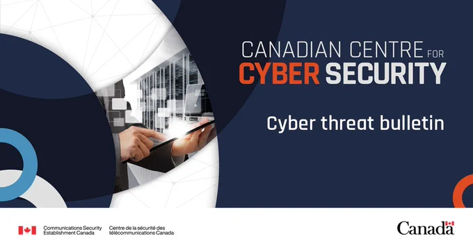 Image of hands holding a digital device surrounded by the text:
Canadian Centre for Cyber Security, Cyber Threat Bulletin