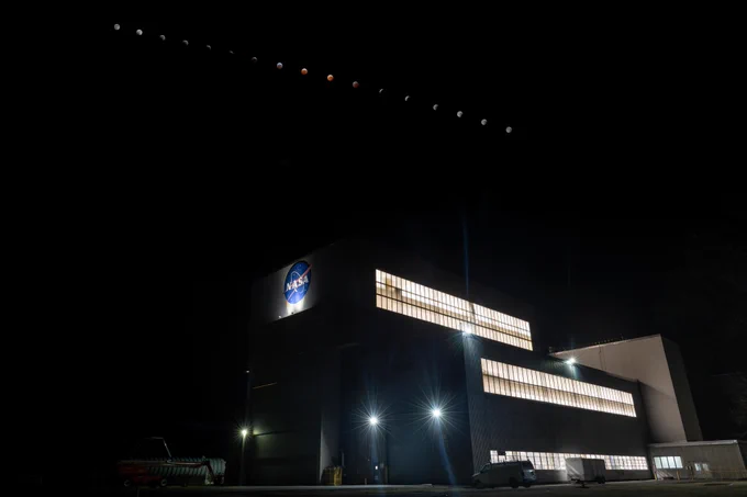 A composite photo of the phases of the lunar eclipse shown above the Space Environments Complex at NASA\u2019s Glenn Research Center at Neil Armstrong Test Facility in Sandusky, Ohio, during the early hours of March 14, 2025. Credit: NASA/Sara Lowthian-Hanna