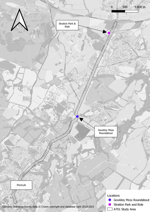 Map showing route between Penicuik and two key points: Straiton Park & Ride and Gowkley Moss Roundabout, marked with purple dots.