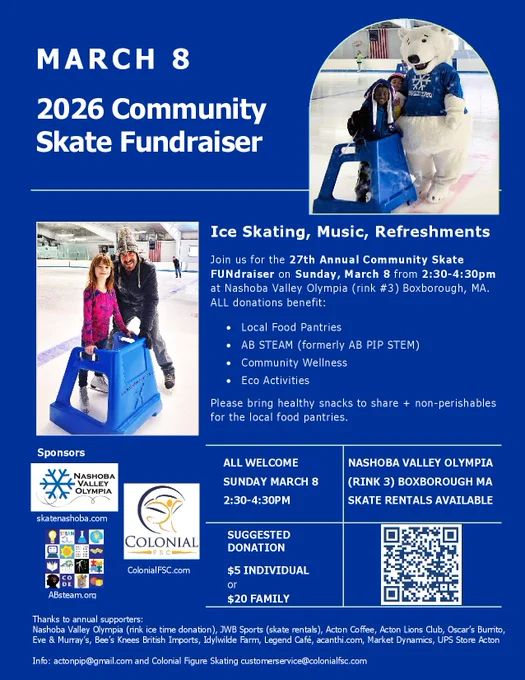 3/8 2026 AB Community Skate FUNdraiser   AB STEAM Meet-up! ALL proceeds benefit area food pantries, AB STEAM, wellness & Eco activities. Visit www.ABSteam.org/events