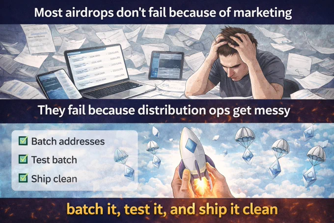 Two-panel crypto meme. Top: stressed builder surrounded by messy spreadsheets and wallet data with text about airdrops failing due to messy distribution ops. Bottom: rocket launching with Ethereum tokens and checklist: “Batch. Test. Ship clean.”