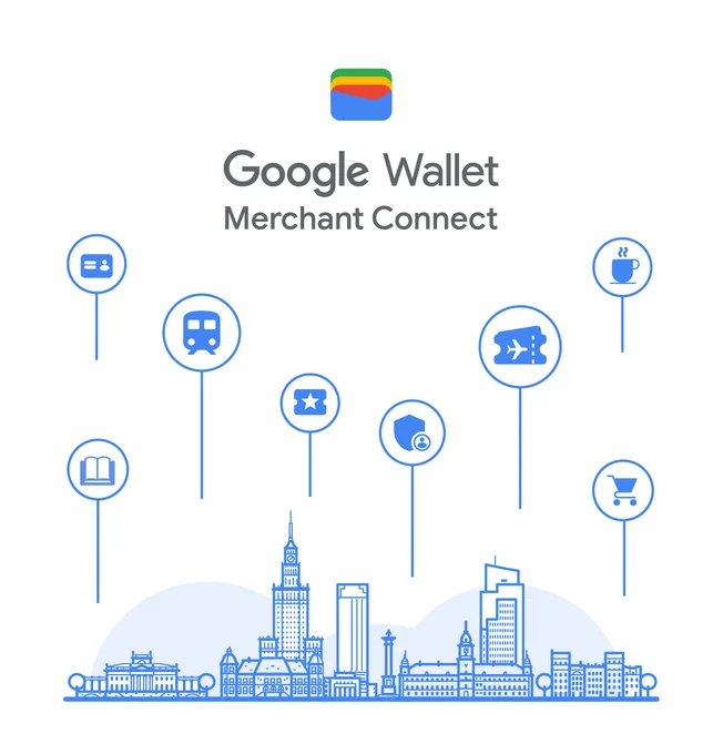 Text reads "Google Wallet Merchant Connect" under the Google Wallet logo. An illustration shows a city skyline and various icons representing wallet uses.