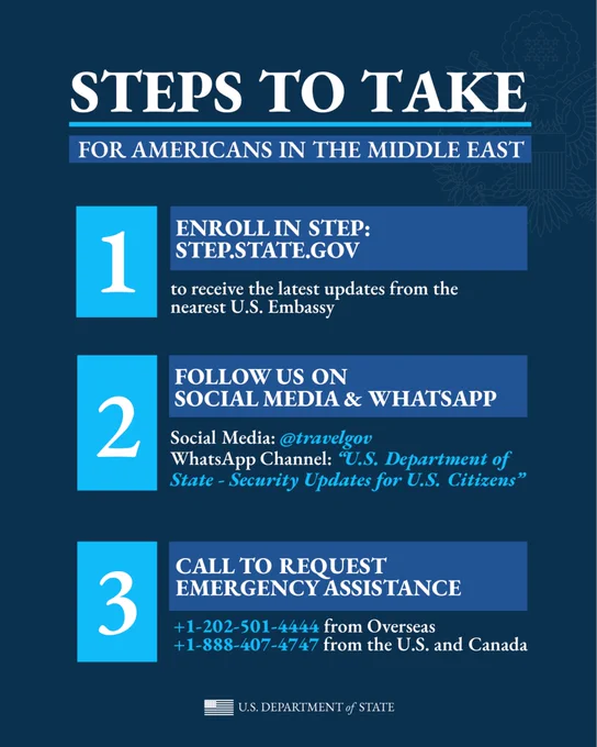Steps to take for Americans in the Middle East
1. Enroll in the Smart Traveller Enrollment Program: step.state.gov to receive the latest updates from the nearest U.S. Embassy
2. Follow us on Social Media (@travelgov) and WhatsApp "U.S. Department of State - Security Updates for U.S. Citizens"
3. Call to request emergency assistance: Overseas at  1-202-501-4444 and from the U.S. and Canada at  1-888-407-4747