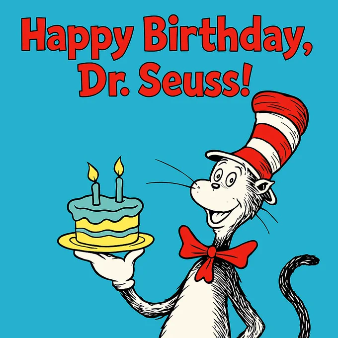 The Cat in the Hat holding a birthday cake with two lit candles under a red 'Happy Birthday, Dr. Seuss!' text on a blue background.
