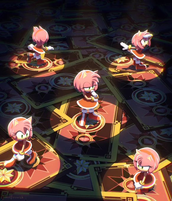 Amy Rose on jumbled tarot cards under spot lights, looking around and searching for something
