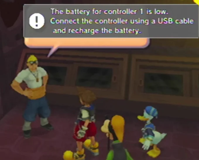 Cid informs Sora about his PlayStation controller