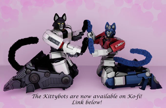 Kittybot D-16 and Orion Pax are shown kneeling patting their paws together while they look towards the camera. Meow meow!