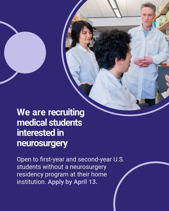 A graduate student sits at a desk discussing his work with a senior staff member and his research mentor. White text on a purple background says: We are recruiting medical students interested in neurosurgery. Open to first-year and second-year U.S. medical students without a neurosurgery residency program at their home institution. Light purple text says: Apply by April 13.
