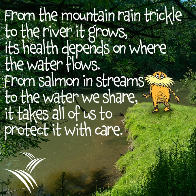 An image of the Lorax standing by the Tualatin River and it says, From the mountain rain trickle to the river it grows, Its health depends on where the water flows.  From salmon in streams to the water we share, it takes all of us to protect it with care.  