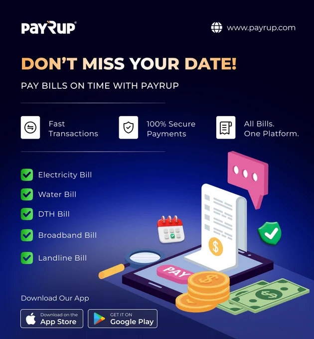 Late fees? Not anymore!
Pay all your bills on time with PayRup — one platform, zero stress. Download Now https://play.google.com/store/apps/details?id=com.payrup.app&pcampaignid=web_share!!
#BillReminder #PayOnTime #OnlineBillPayment #FastTransactions #DigitalIndia #PayRup #SmartPayments