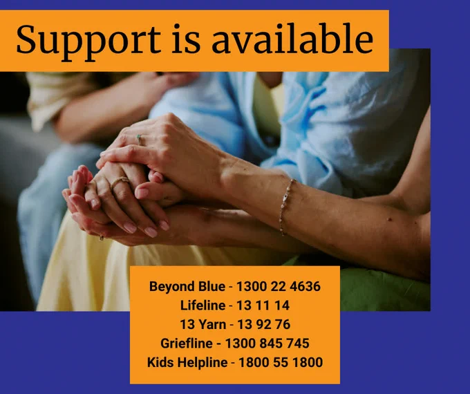 Photo of people holding hands. Title reads help is available with list of support numbers