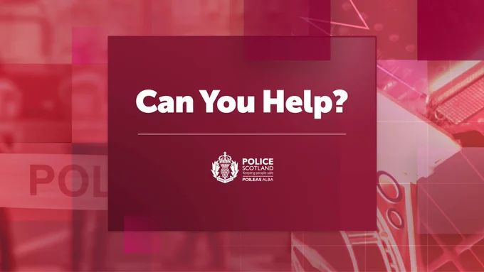 Red Police Scotland graphic displaying the words ‘Can You Help?’, with abstract layered shapes in the background and the Police Scotland logo.