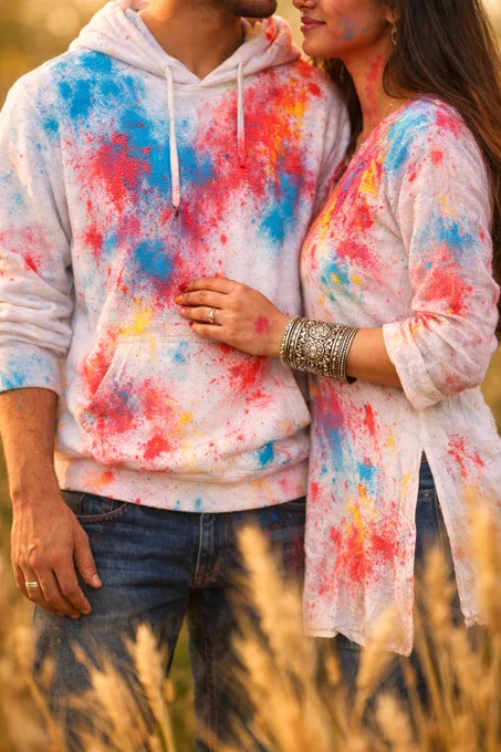 Photorealistic vertical waist-up portrait of a South Asian couple during Holi standing close together in a wheat field at golden hour, male in white hoodie and female in white kurta heavily stained with vibrant cyan, magenta and yellow powder, female wearing a wide ornate silver cuff resting her hand on the male’s arm, heads slightly cropped, 85mm lens f/1.8 shallow depth of field creamy bokeh, warm cinematic sunlight, sharp focus on hands and powder texture, modern lifestyle aesthetic — no text, no watermark, no logo, no distorted hands, no extra fingers, no cartoon, no illustration, no 3D render, no low resolution, no dark lighting, no blur.
