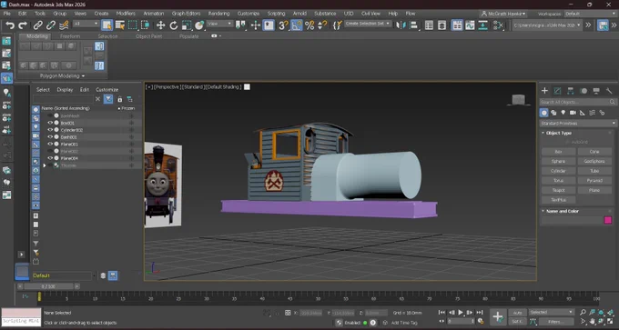 A 3DS Max screenshot of an early model of “Dash the Logging Loco”