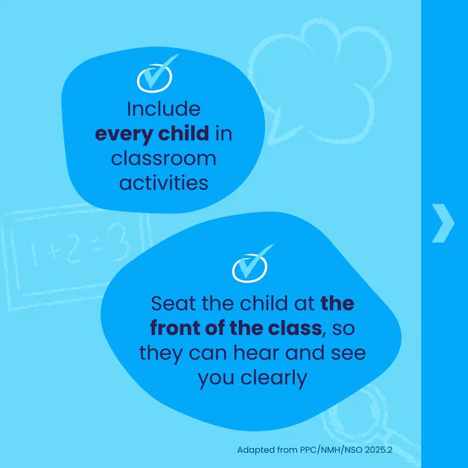 Infographic advising teachers to include every child in classroom activities and to seat children with hearing loss at the front of the class so they can hear and see clearly.
