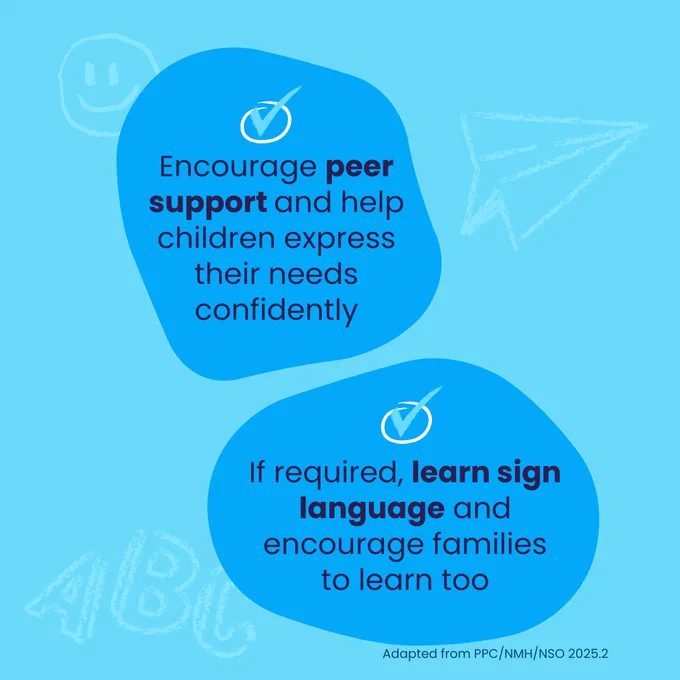 Infographic encouraging peer support to help children express their needs confidently and suggesting learning sign language when needed, along with encouraging families to learn too.