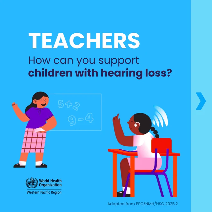 Infographic with the word “teachers” in large text, followed by “how can you support children with hearing loss?” Shows a teacher at the board and a child with a hearing aid sitting in their desk raising their hand.