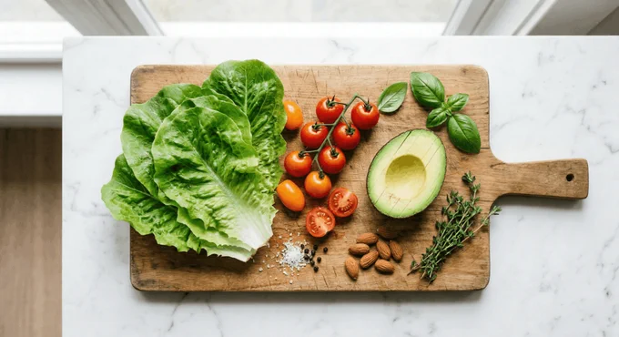 Wooden cutting board with fresh ingredients: romaine lettuce, tomatoes, halved avocado, basil, almonds, thyme, salt, and pepper. Bright, fresh, healthy vibe.