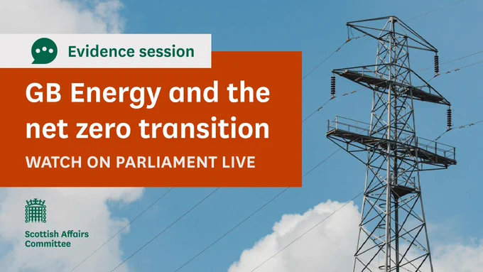 Evidence session.
GB Energy and the net zero transition.
Watch on Parliament Live.
Scottish Affairs Committee.
Photo shows a metal electricity pylon against a blue sky with white fluffy clouds.
