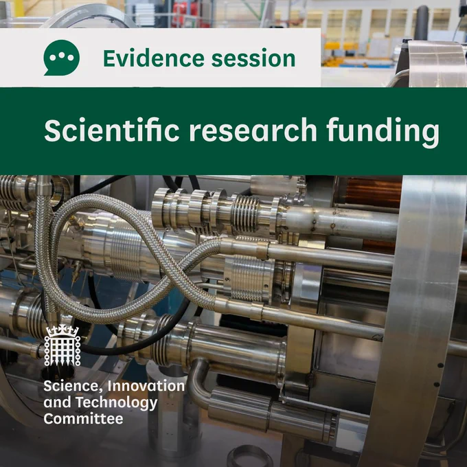 Evidence session.
Scientific research funding.
Science, Innovation and Technology Committee.
Photo shows the inner workings of the Hadron Collider at CERN, lots of metal parts.