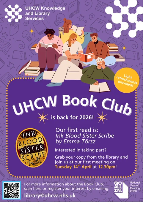 A4 size poster with purple background overlayed with scribbled images of books and lightbulbs. Central box contains text advertising the book club, and above this is an illustration of a group of people reading books together.