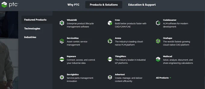 The Featured Products dropdown text on PTC.com, now with Mathcad.