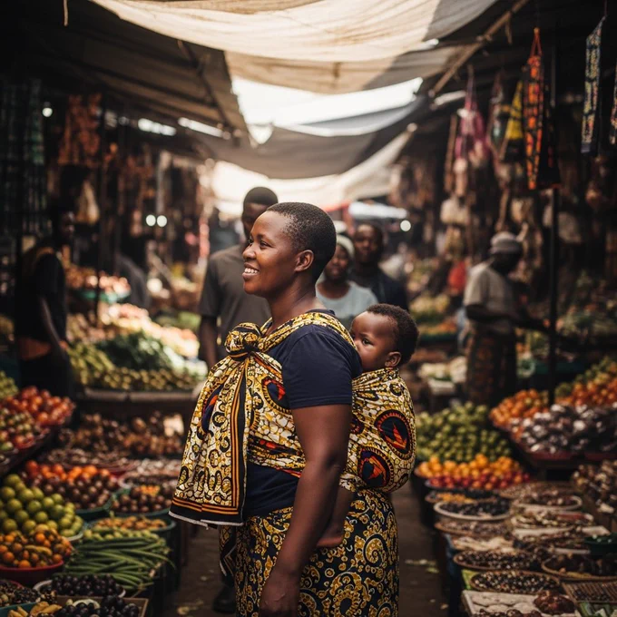 A light brown skinned African mother in her early 40s with a curvy build carries her child on her back using a traditional cloth, walking confidently through a busy market, smiling and greeting passersby.