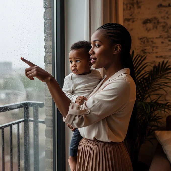 chocolate brown skinned African mother in her mid-30s stands by a window, holding her child on her hip, pointing outside as they watch the rain, wearing a flowing skirt and blouse, expression curious and tender.