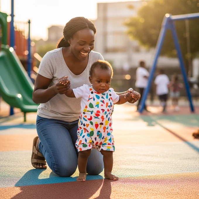 A dark-skinned African mother in her late 30s kneels on a playground, holding her young child’s hands as they take their first steps, dressed in casual jeans and t-shirt, radiating joy and encouragement.