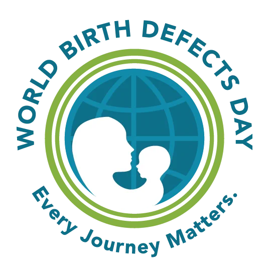 Logo for World Birth Defects Day featuring a silhouette of an adult holding a child against a globe background, encircled by the text "World Birth Defects Day - Every Journey Matters."
