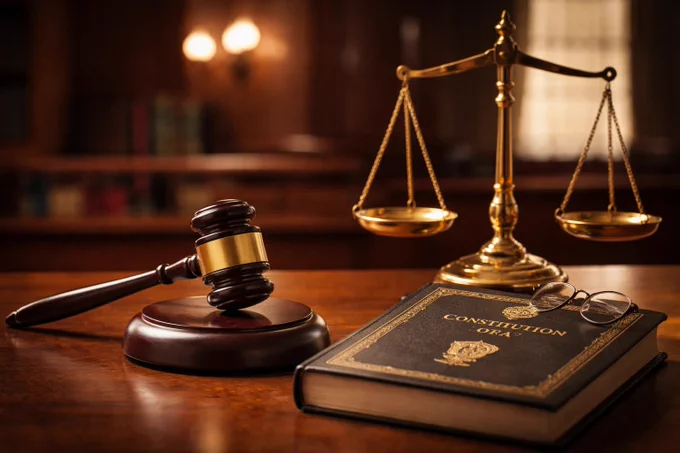 A close-up, warmly lit courtroom scene showing a wooden judge’s gavel resting on its sound block on a polished wooden table. Beside it stands a brass set of balanced scales of justice. In the foreground lies a bound copy of the Constitution of India with a pair of reading glasses placed on top. The background is softly blurred, suggesting a formal courtroom setting wi