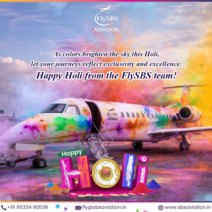 Private jet branded FlySBS Aviation decorated with vibrant Holi colors on the runway, with colorful powder bursts in the sky and “Happy Holi” festive typography in the foreground, celebrating the festival of colors with a luxury aviation theme.