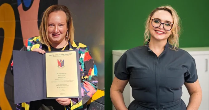 Photo of two Podiatry Award winners: GCU students Heather MacDougall and Sarah-Jane Walls.