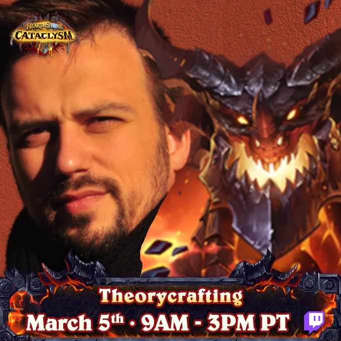 reqvam and Deathwing announcing Theorycrafting on Twitch on March 5th from 9AM to 3PM PT.