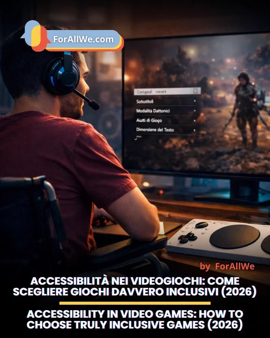 Promotional graphic by ForAllWe.com showing a person seated in a wheelchair, wearing a gaming headset, facing a monitor displaying video game accessibility settings. Overlay text reads: “Accessibilità nei videogiochi: come scegliere giochi davvero inclusivi (2026)” and below, “Accessibility in video games: how to choose truly inclusive games (2026)”.
Grafica promozionale di ForAllWe.com: una persona seduta su una sedia a rotelle, con cuffie da gaming, guarda un monitor che mostra le impostazioni di accessibilità di un videogioco. In sovrimpressione il testo: “Accessibilità nei videogiochi: come scegliere giochi davvero inclusivi (2026)” e, sotto, “Accessibility in video games: how to choose truly inclusive games (2026)”.