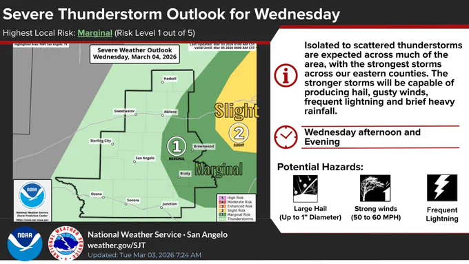 The map on the left shows the risk areas for severe weather. On the right, there is overview information, along with details on the timing and potential hazards. 