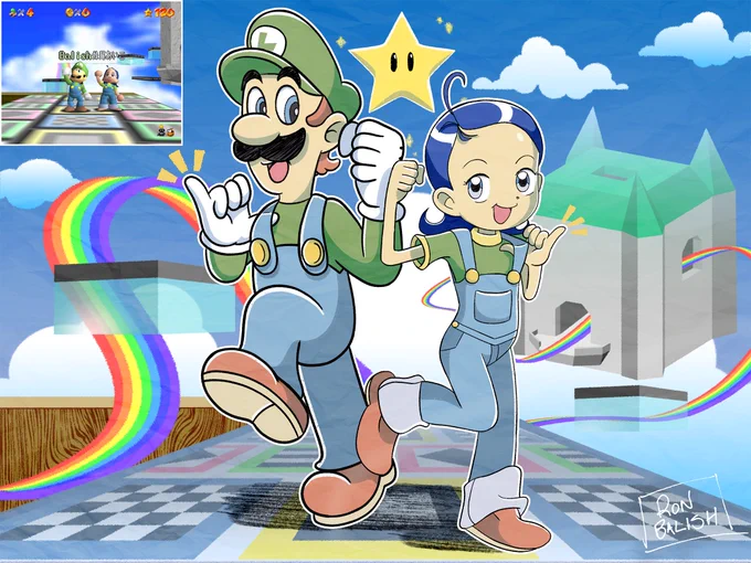 Luigi from Super Mario Brothers and Mirabelle/Aiko from Magical Doremi posing together in "Rainbow Ride," a level from Super Mario 64.